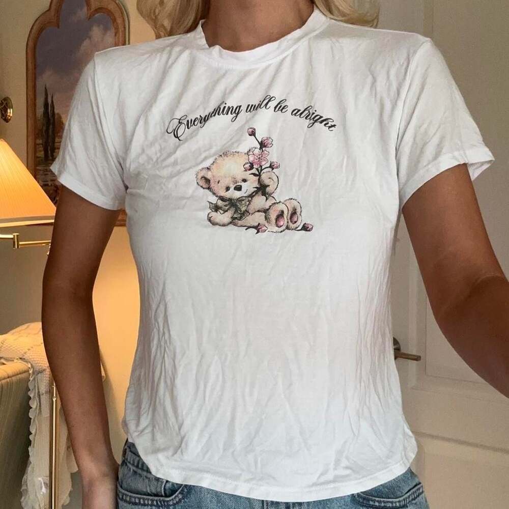 Starlet White Everything Will Be Alright Teddy Bear Graphic T-Shirt Size M
